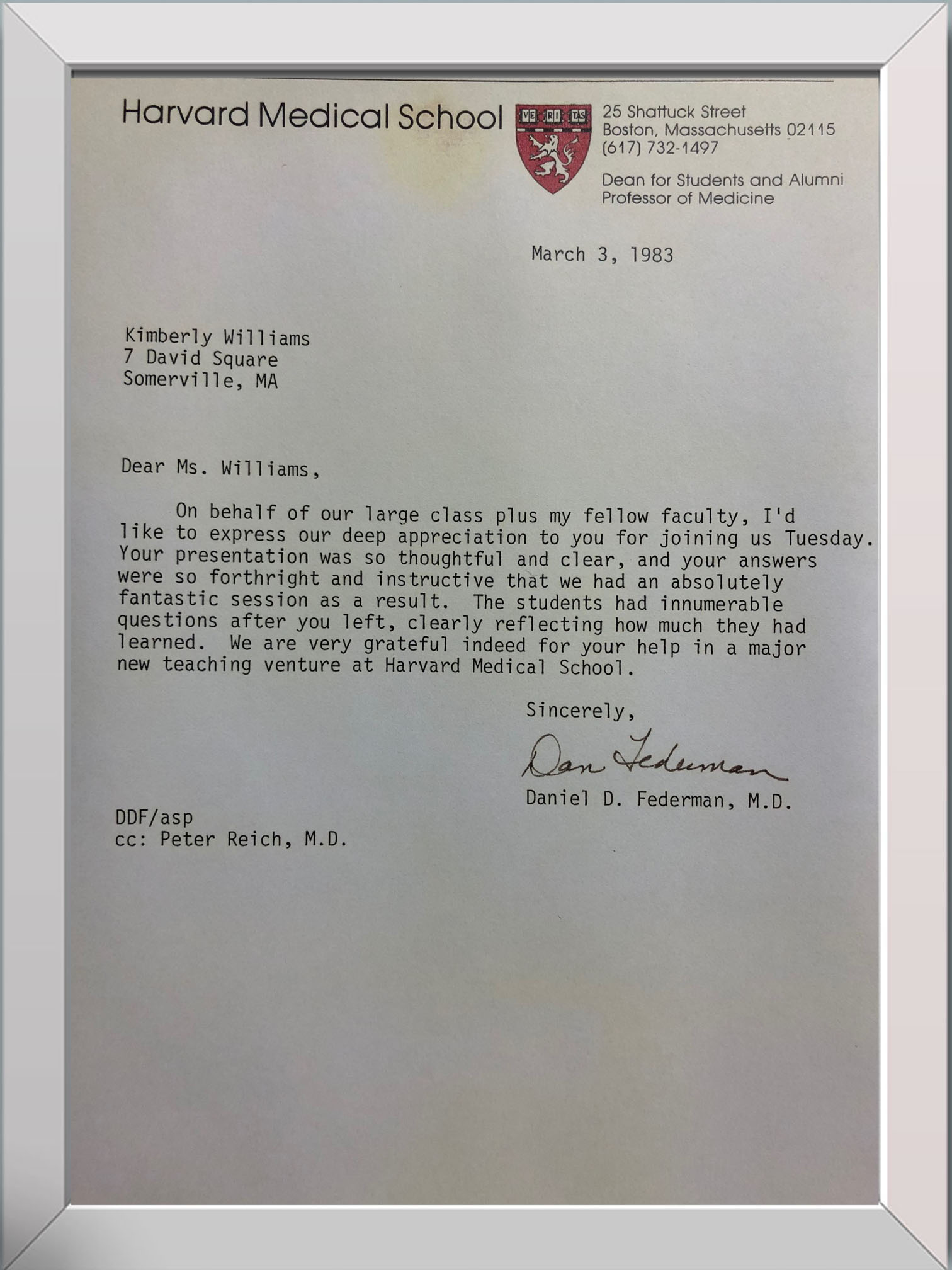 Letter from Harvard Medical School.