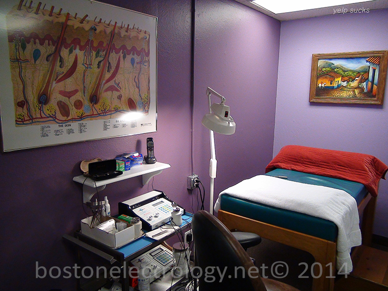 Licensed electrologist performing electrolysis treatment in a clinical setting.