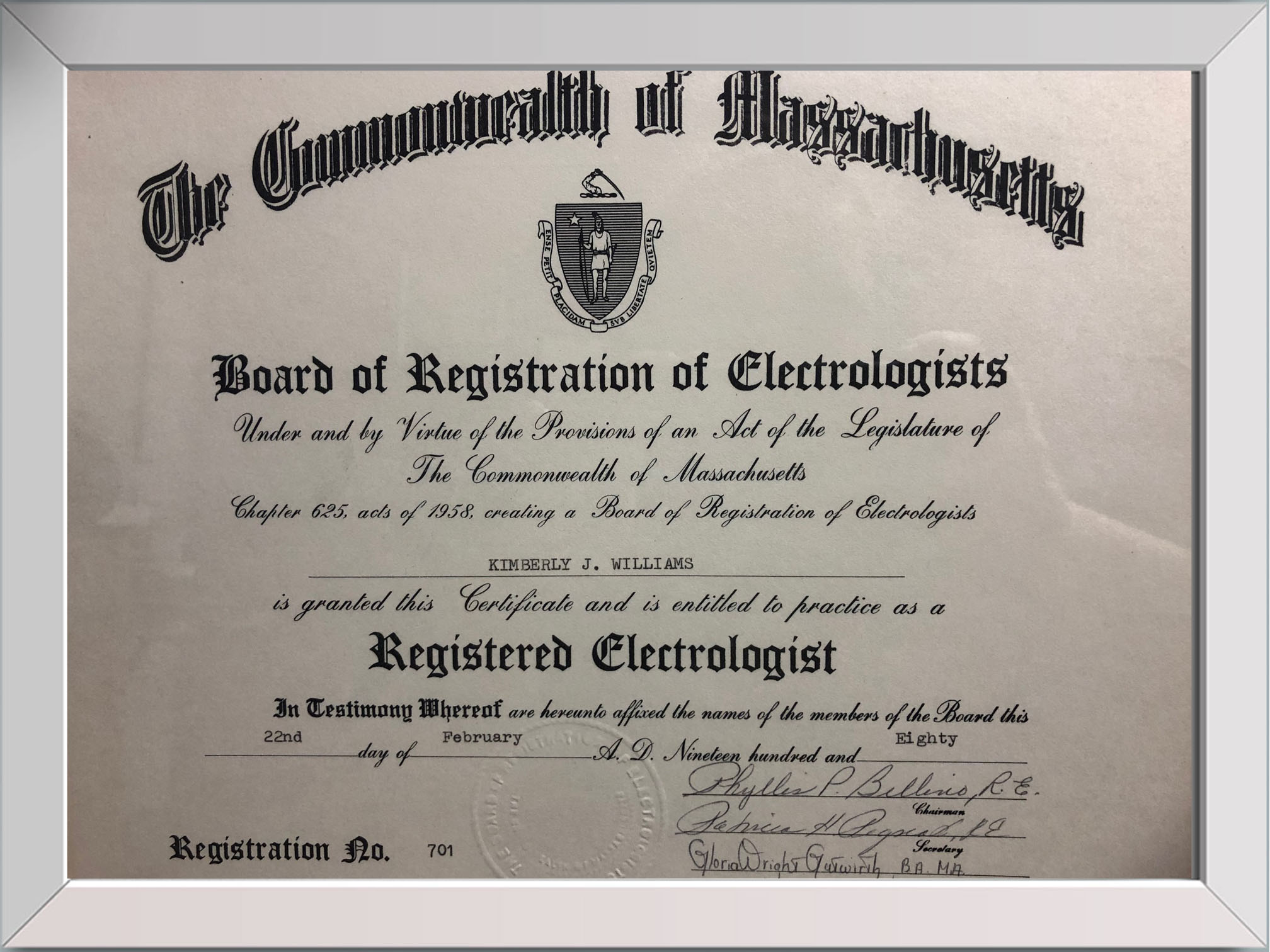 Certificate of registration from The Commonwealth of Massachusetts.