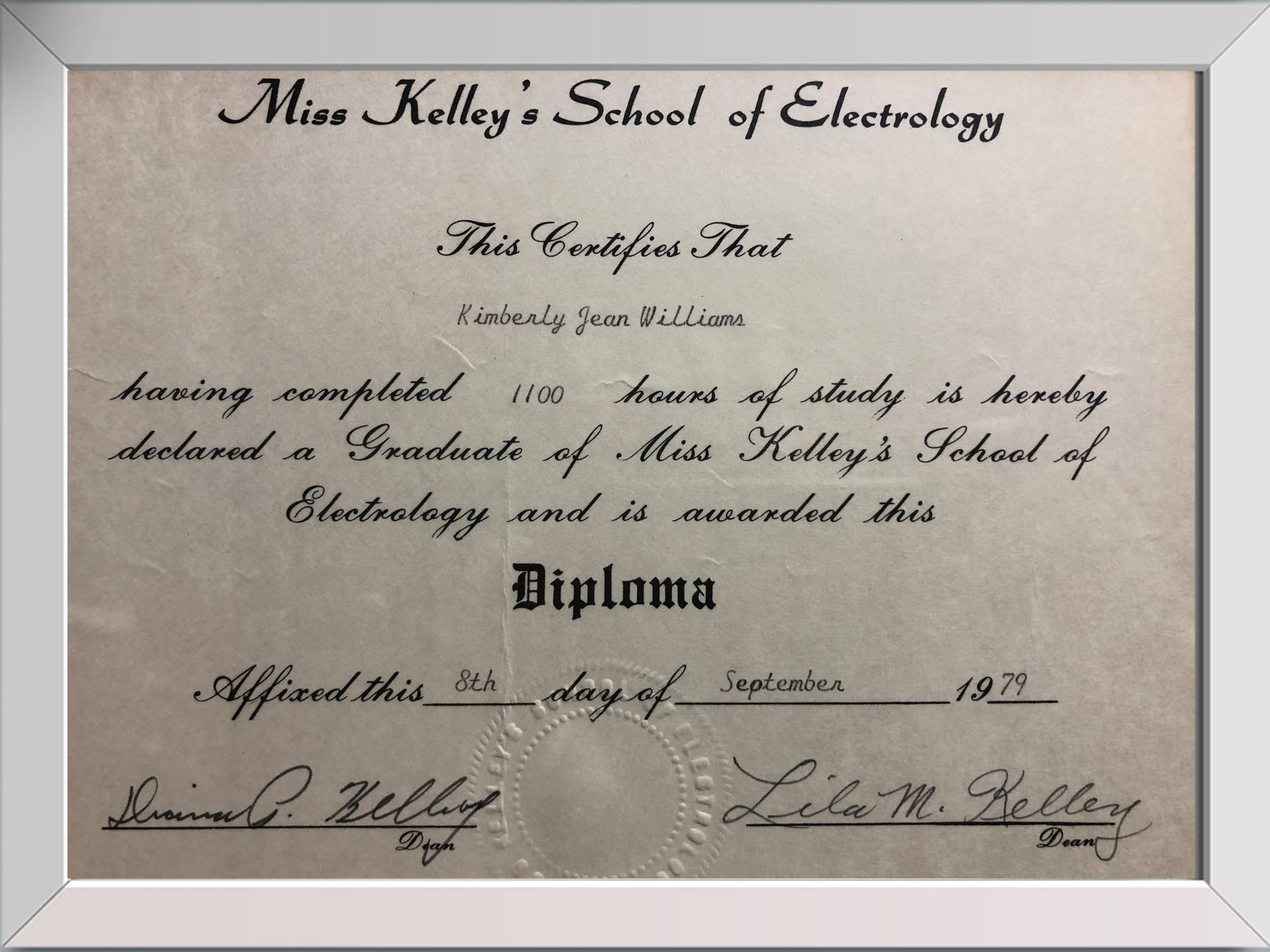 Diploma from Miss Kelley's School of Electrology.