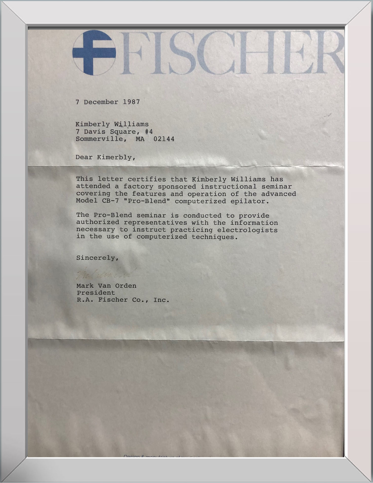 Letter from R.A. Fischer Co., Inc.